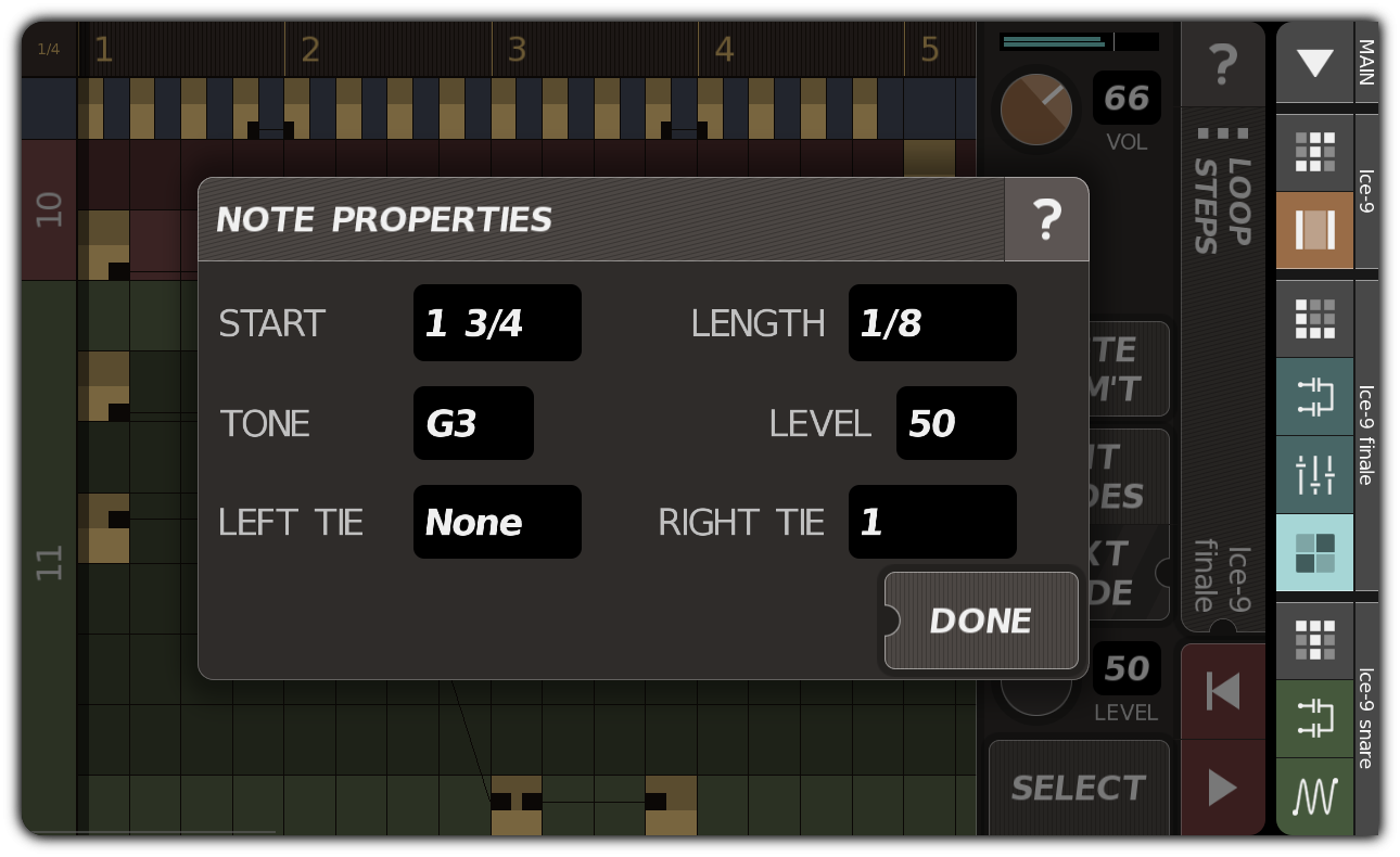 NOTE PROPERTIES dialog