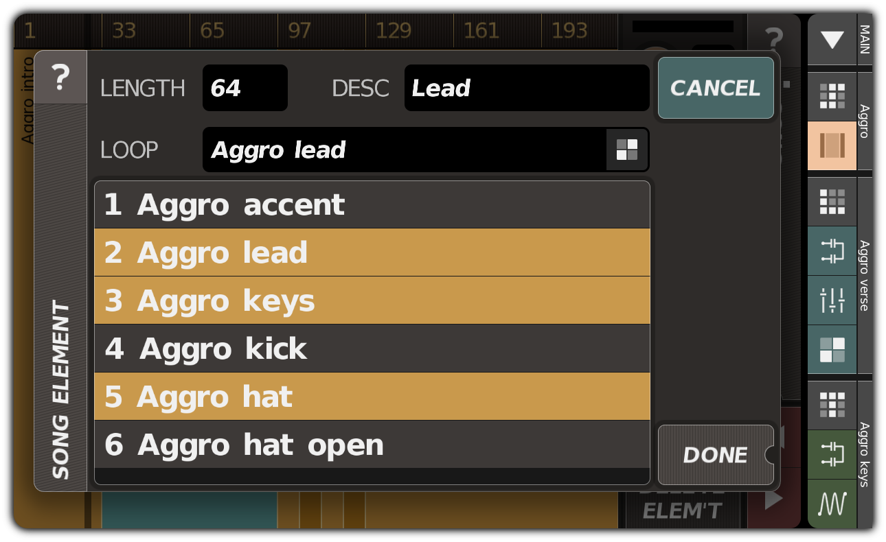 SONG ELEMENT dialog