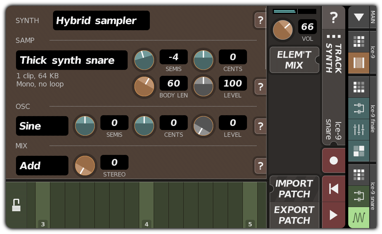 TRACK SYNTH dialog with hybrid sampler