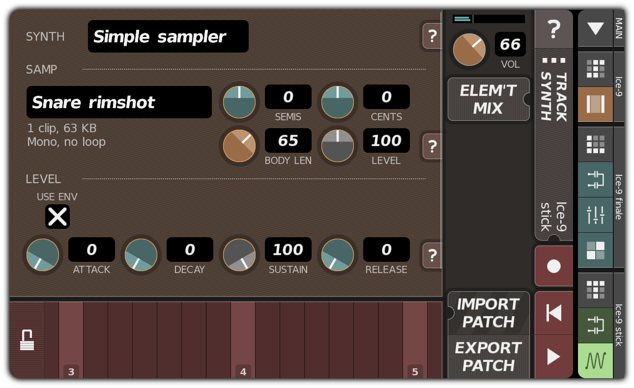 TRACK SYNTH dialog with simple sampler