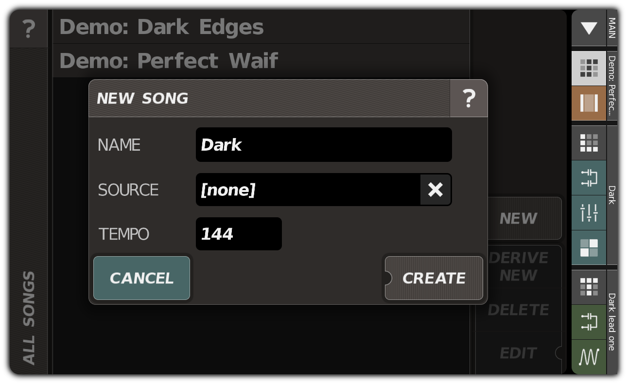 Creating a song with the NEW SONG dialog