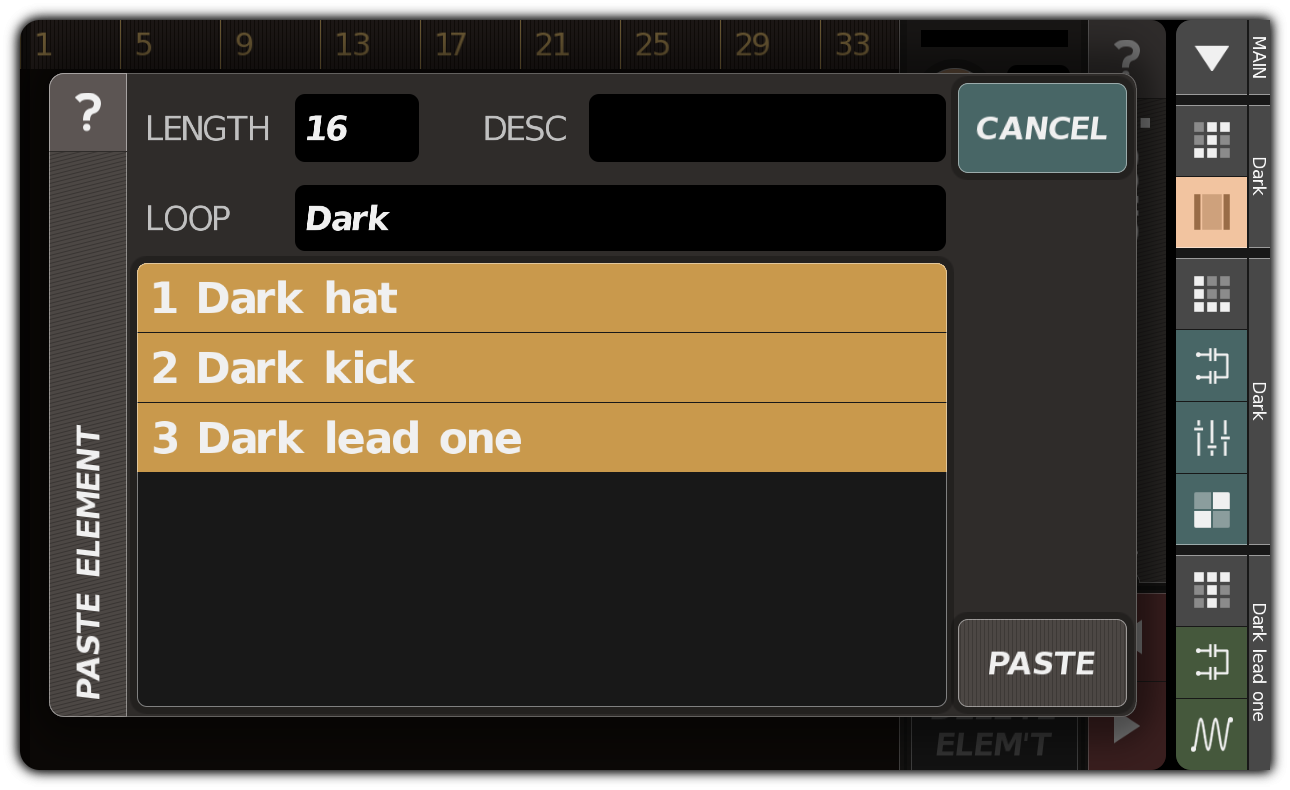PASTE ELEMENT dialog