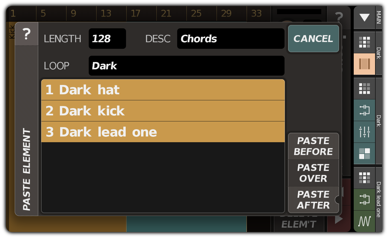 Creating a song element with kick, hi-hat, and chords
