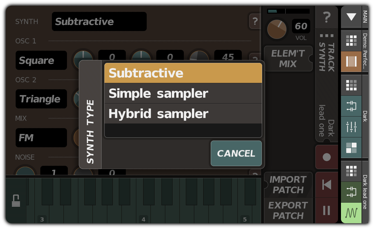 SYNTH TYPE dialog