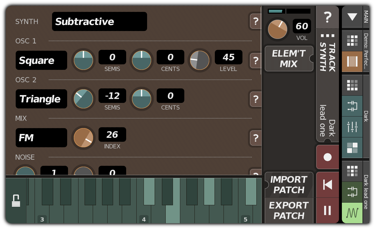 TRACK SYNTH dialog with subtractive synthesis