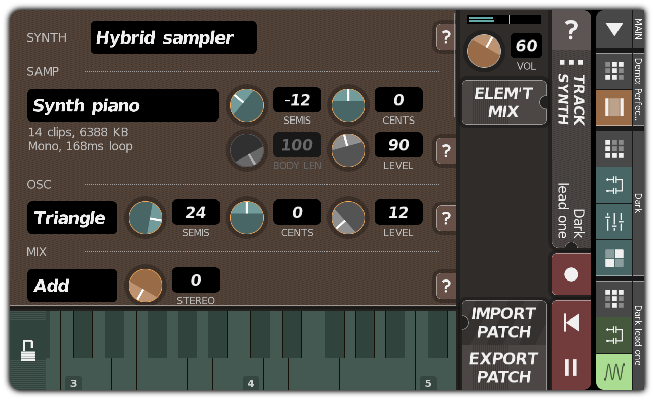 TRACK SYNTH dialog with hybrid sampler