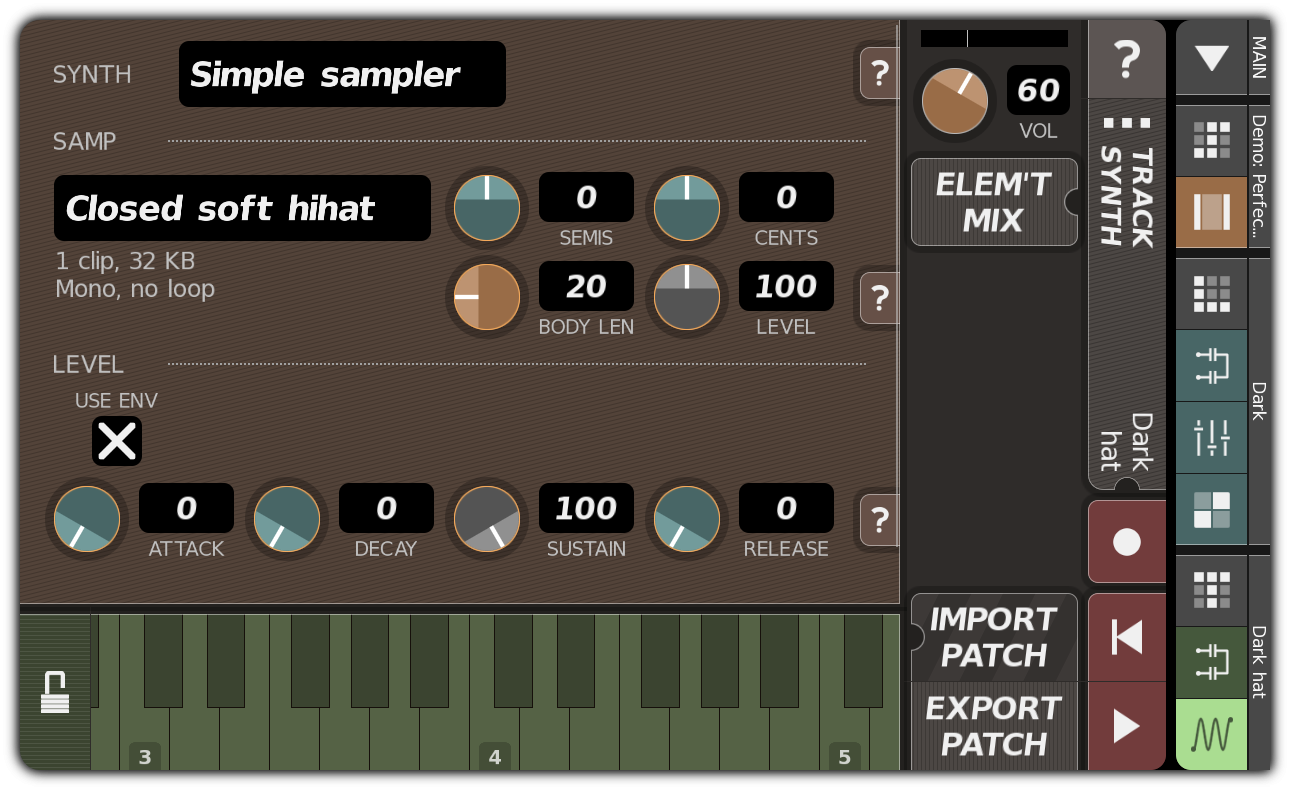 TRACK SYNTH dialog showing 'Dark hat'