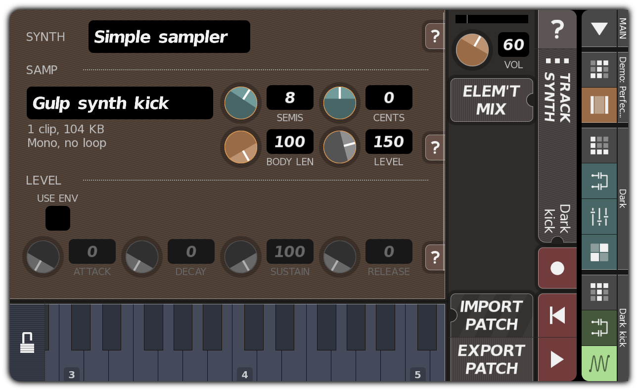TRACK SYNTH dialog showing 'Dark kick'