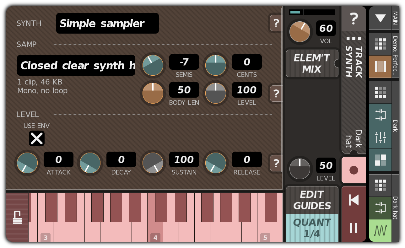 TRACK SYNTH dialog with recording enabled